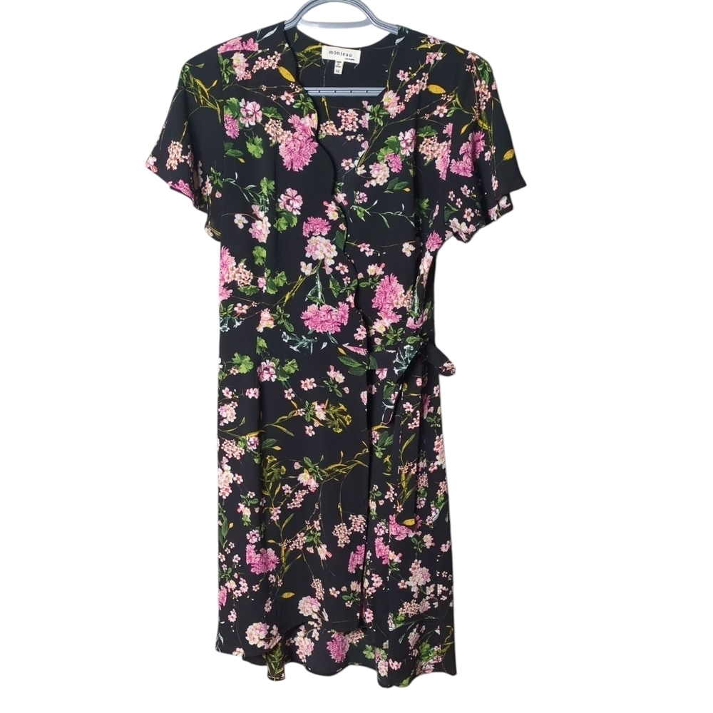 Monteau Black Floral Print Wrap Dress Size Medium